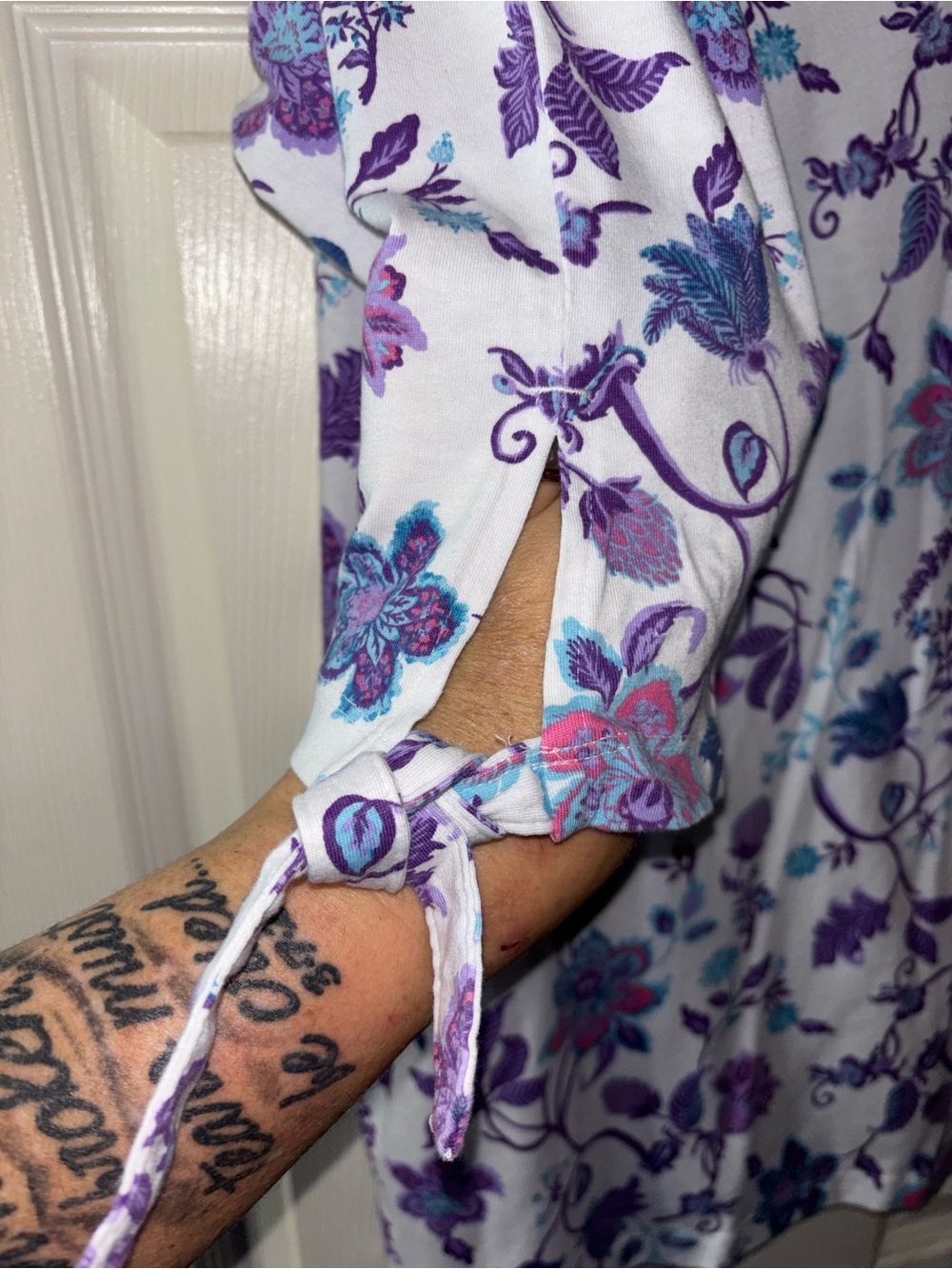 Woman Within White Long Sleeve Floral Tee in Purple & Teal - Picture 2 of 4